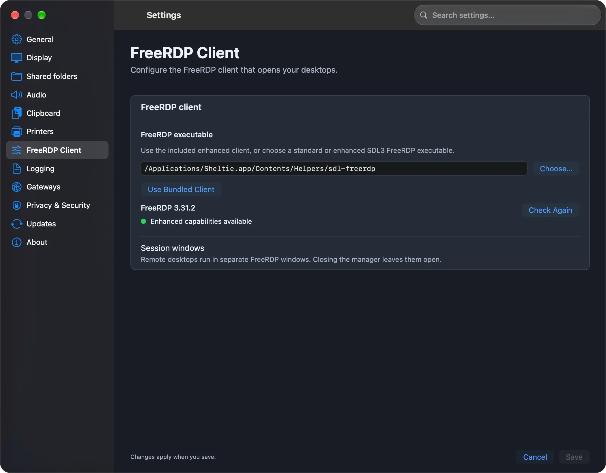 FreeRDP Client settings with the executable and capability status.