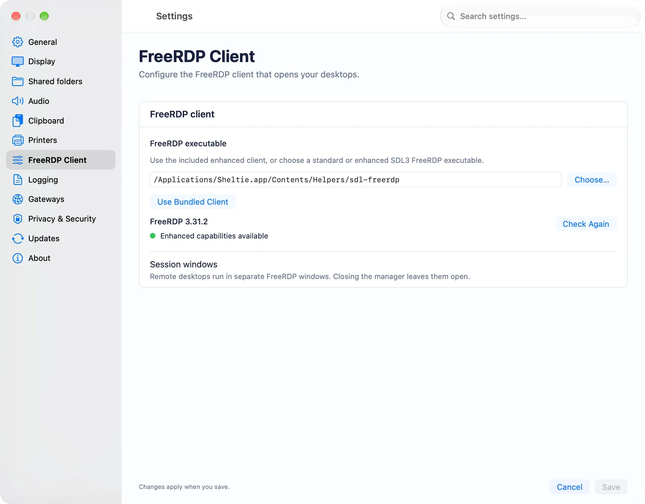 FreeRDP Client settings with the executable and capability status.