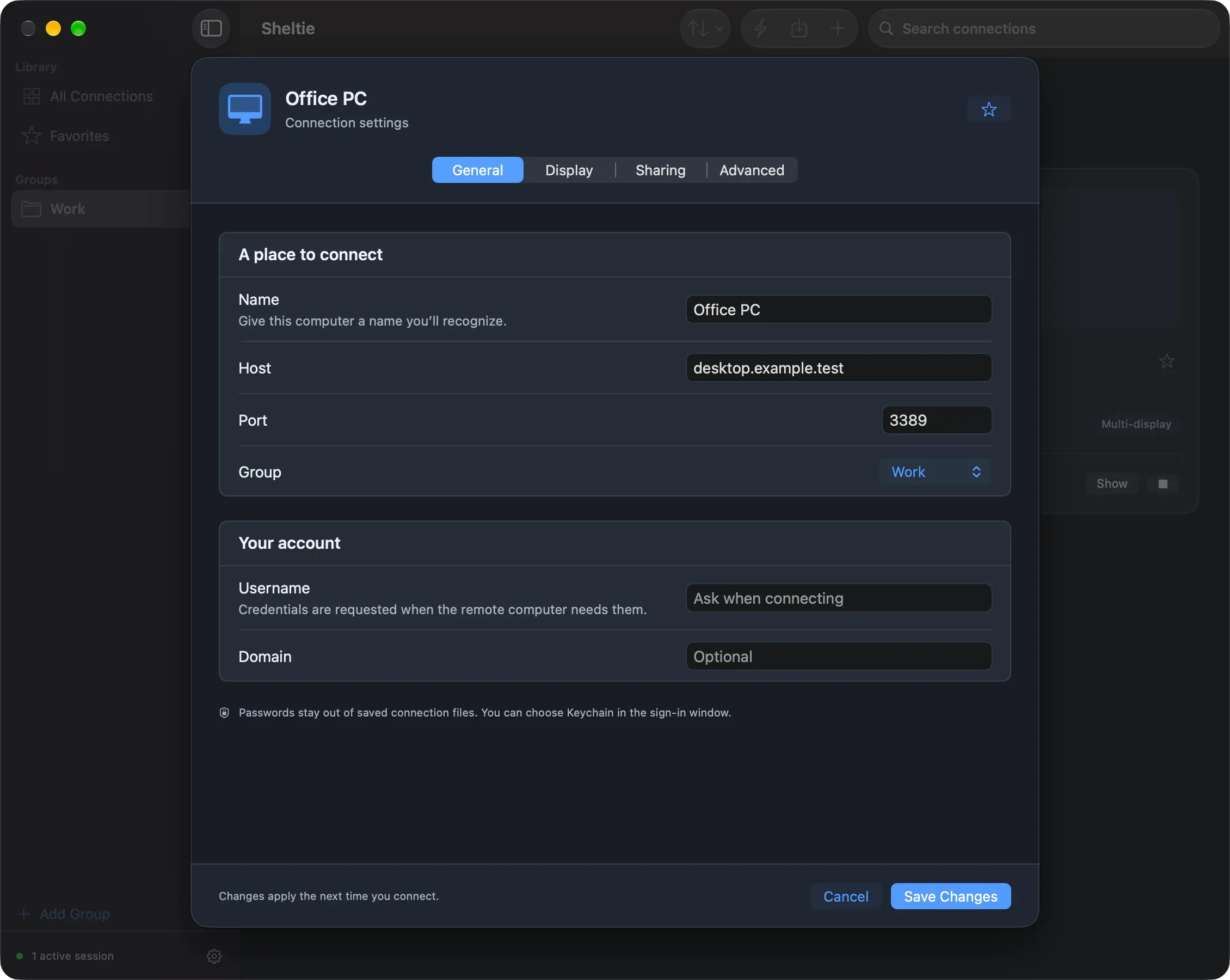 The connection editor with name, host, port, group, username and domain fields.