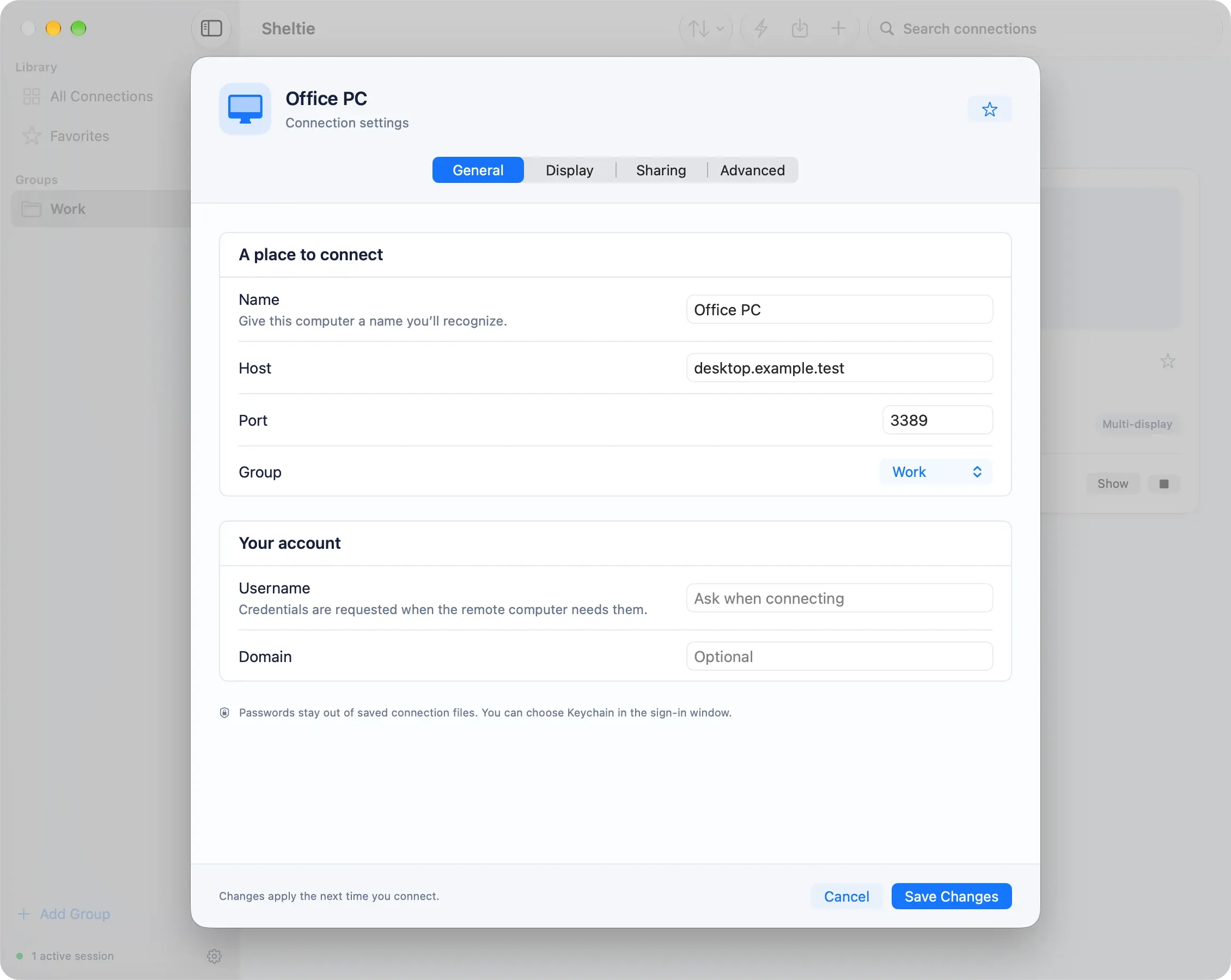 The connection editor with name, host, port, group, username and domain fields.