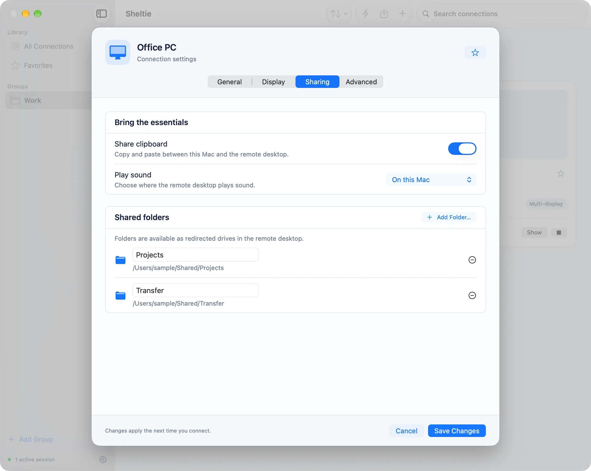 Clipboard, sound and shared folder settings.