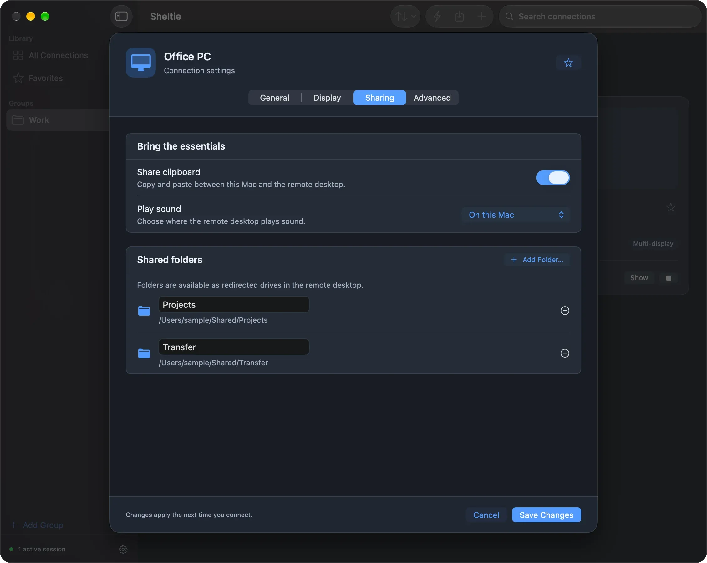 Clipboard, sound and shared folder settings.