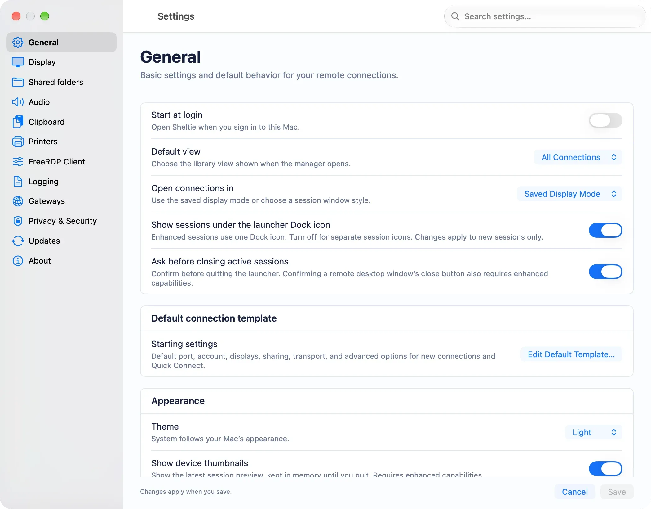 General settings with Dock behavior, close confirmation and the default template.