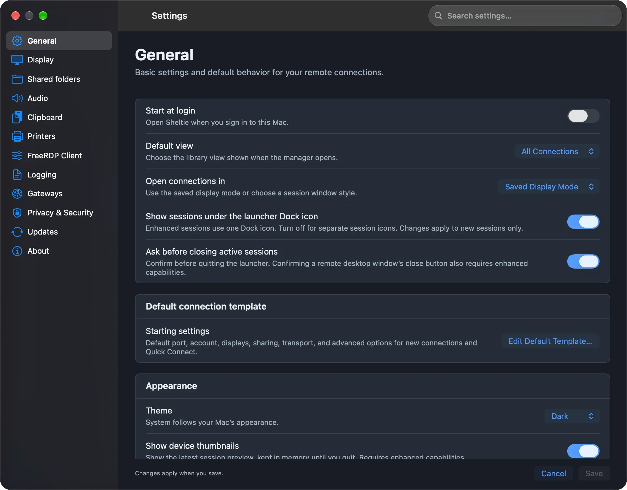 General settings with Dock behavior, close confirmation and the default template.