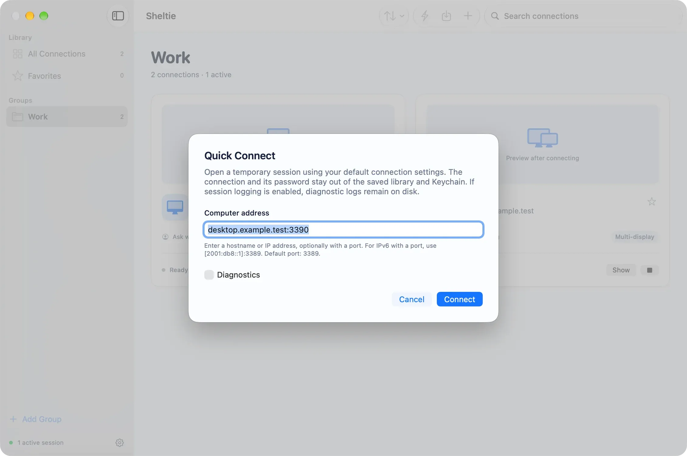 The Quick Connect dialog.