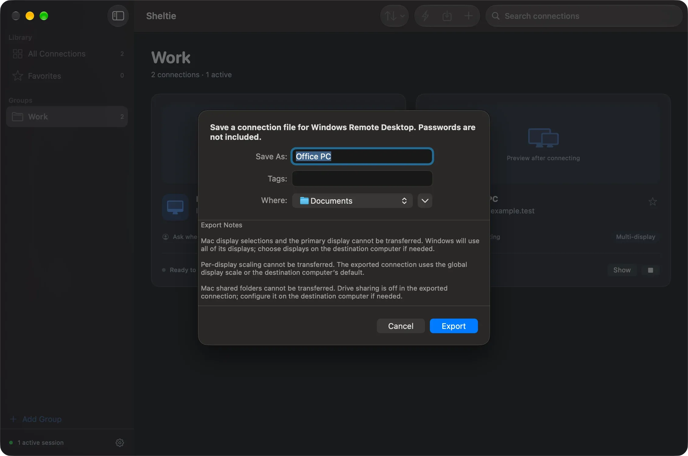 Exporting a connection as a Windows-compatible .rdp file, with notes on settings that can't be transferred.