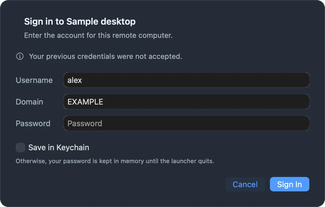 A sign-in dialog with username, domain, password and a Save in Keychain checkbox.