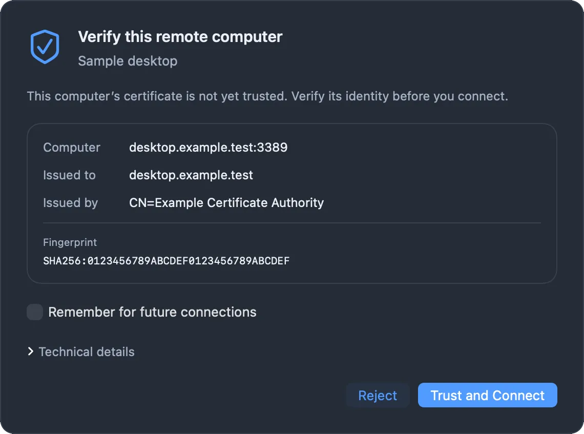 A certificate dialog asking to verify a remote computer, with Reject and Trust and Connect buttons.