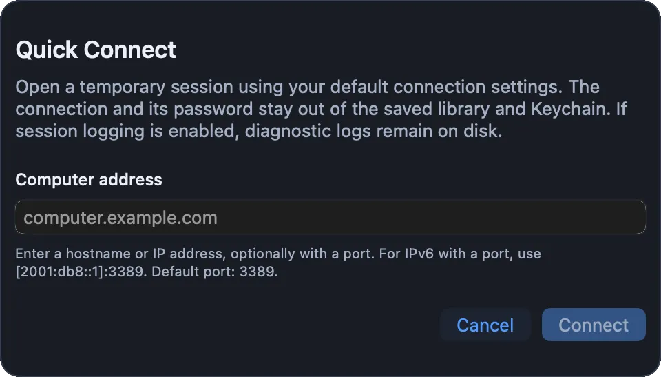 The Quick Connect dialog with a computer address field.